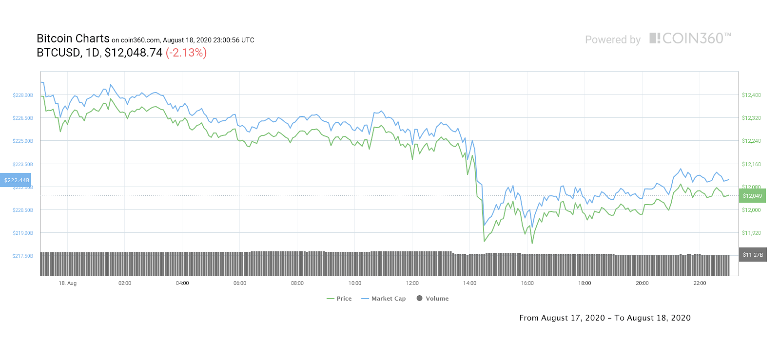 Bitcoin günlük fiyat tablosu.  Kaynak: Coin360
